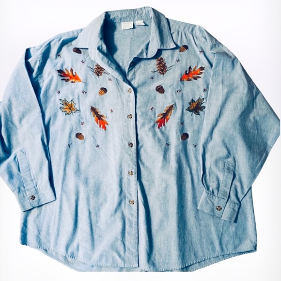 Vintage MYSTIC BLUES Button Down Long Sleeve Fall 🍁🍂 Leaves Shirt SZ 20W - Picture 5 of 6